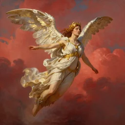 Sigourney weaver as goddess Athena, Flying in a Red clouded Sky, by Alex Ross, atmospheric lighting, painted, intricate, golden hour, ultra detailed