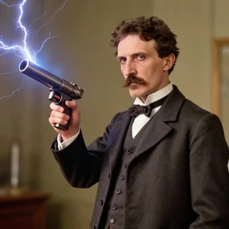 color photograph of Nicola Tesla holding a tesla gun with lightning, tesla coil, dynamic lightning, 4k, modern photograph, digital art