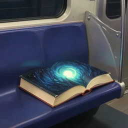 a haunted book with glowing pages laying on the seat of a subway train, by Raphael Lacoste, Makoto Shinkai, 4k, trending on artstation, rendered in unreal engine