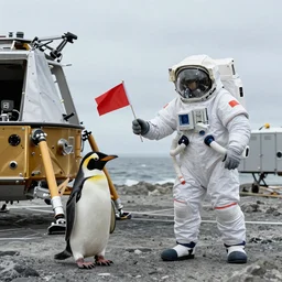 a spacesuited penguin placing a flag, next to a landing module with mechanical legs