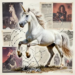 muscular anthropomorphic unicorn tearing barbed wire, punkrock poster, colored photocopy collage, photorealistic, 8 k