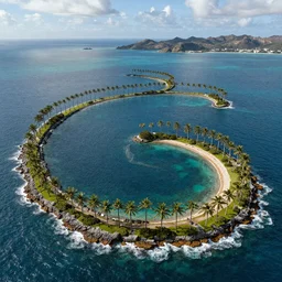 “a series of islands each with a palm tree in the South Pacific lined up in the shape of the Spiral Jetty”