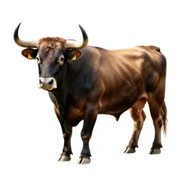 watercolor style bull, photorealistic wildlife photography, full body, isolated on a pure white background, centered, entire subject in frame, sharp focus, soft studio lighting
