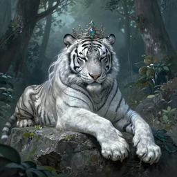 a humanoid animal tiger king with a crown, lying down on rock, white grey blue green color palette, eyes closed, forest, tiger, d & d, fantasy, intricate, elegant, highly detailed, long silver hair, digital painting, artstation, octane render, concept art, matte, sharp focus, illustration, hearthstone, art by artgerm, alphonse mucha johannes voss