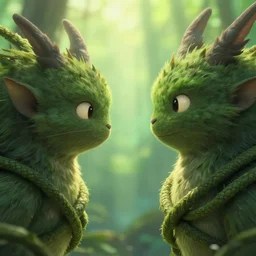 closeup, strong camera zoom, two identical magical creatures face against we each other, wrapped by liana, lianas wrap them, in a gentle green dawn light, eyvind earle, studio ghibli painting, cinematic lighting, volumetric lighting, smooth, sharp focus, highly detailed, render in unreal engine 5, artstation, deviantart, behance, trending, epic composition, octane, light rays, award - winning