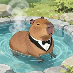 a cute capybara in tuxedo swimming in an onsen, the water is steaming, in the style of Hachmyta and greg rutkowski and thomas kinkade, detailed, epic, trending on artstation