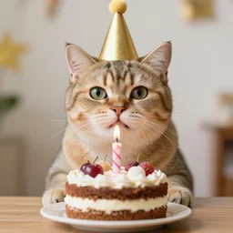 photo of a funny cat celebrating his birthday with a cake. highly - detailed, sharp focus, award - winning