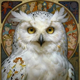 realistic detailed face portrait of an otherworldly fairy tale Snowy Owl Queen with a halo of white feathers in her hair by Alphonse Mucha, Ayami Kojima, Amano, Charlie Bowater, Karol Bak, Greg Hildebrandt, Jean Delville, and Mark Brooks, Art Nouveau, Neo-Gothic, gothic, rich deep moody colors
