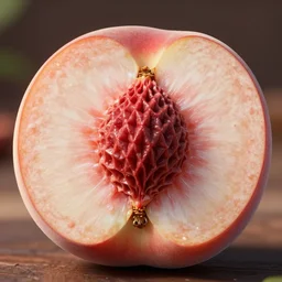 cross section of a peach with a red diamond pit, very detailed, octane render, cinematic lighting, volumetric lighting, 8 5 mm