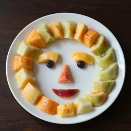 beautiful photo a face made of fruit pieces, on a white plate, dslr