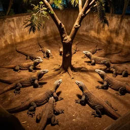 a hundred of komodo dragons surrounding a single tree in a walled garden by amber light.