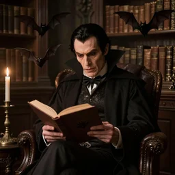 dracula sits reading in his library, bats, franklin booth