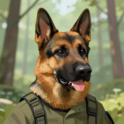 close up character portrait icon of the german shepard beast - man military uniform head animal person wearing clothes standing in the bright forest, 4 k, tone mapping