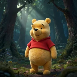 hyperrealistic still image of winnie the pooh in a dark scary forest, god rays, dramatic, moody, detailed