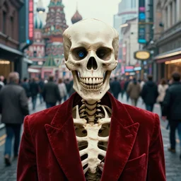 realistic detailed photorealistic film closeup portrait shot of a single skeleton wearing crimson velvet blazer in a crowded futuristic moscow street by Denis Villeneuve, Amano, Yves Tanguy, Alphonse Mucha, Ernst Haeckel, Andrei Tarkovsky, Edward Robert Hughes, Roger Dean, rich moody colours, wide angle, blue eyes