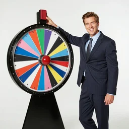 well dressed man spinning price is right wheel, style of adult swim