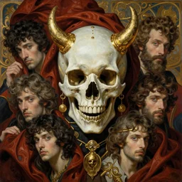 hyper realistic painting of devil skull, gold ornaments, flowing fabric, intrincate detail, detailed faces by wayne barlowe, gustav moreau, goward, gaston bussiere and roberto ferri, santiago caruso, and austin osman spare, bouguereau, alphonse mucha, saturno butto,