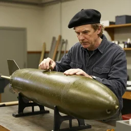 Jamie Hyneman, wearing his beret, examining a nuclear torpedo in his workshop