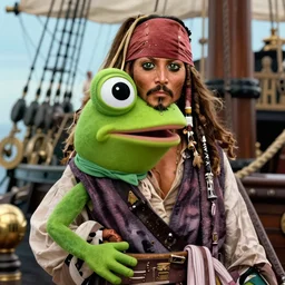 pepe frog as jack sparrow, film still pirates of the caribbean, ship scene, high quality, hd, 4 k, warner, hbo, cinema frame, screenshot