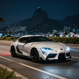 still of a toyota supra on the road in Rio De Janeiro, action shot, 85mm, night city, CGSociety , in the spotlight