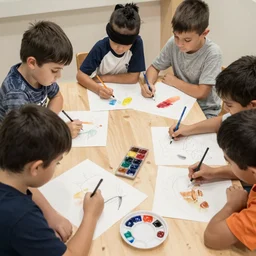 4 kids drawing a picture while one kid is blind folded, water color