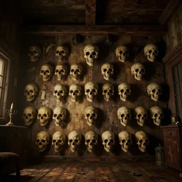 creepy cinematic low angle shot of a realistically rendered rustic room and a wall of skulls, matte painting, illustration, dramatic lighting, moody lighting, dark colors, golden ratio, rule of thirds, environmental design, cinematic perspective, 8 k, realistic lighting, realistic shading, octane render, predator 2, in the style of lawrence g paull production design