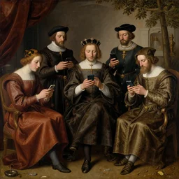surrealist medieval art depicting aristocrats checking their smartphones
