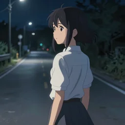 at the end of the world, girl standing on road at night, looking at the back, highly detailed, deep focus, elegant, digital painting, smooth, sharp focus, illustration, ultra realistic, 8 k, art by makoto shinkai