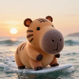 a closeup photorealistic photograph of a cute smiling knitted tiger hippopotamus riding a wave at sunset. surf in background. professional capture. brightly lit scene. this 4 k hd image is trending on artstation, featured on behance, well - rendered, extra crisp, features intricate detail, epic composition and the style of unreal engine.