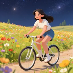 happy beautiful female photorealistic cartoon image cycling through interstellar flowers field