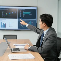 business man sitting in a conference room, pointing at various screens and documents