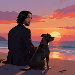 john wick and his black pitbull sitting on a beach looking into the sunset, concept art by jama jurabaev cel shaded cinematic shot trending on artstation high quality brush stroke hyperspace vibrant