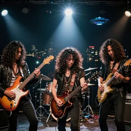 The wide shot of disco punk rock Asian band with very long curly dark hair playing on jazz guitars, top fresnel spotlight, night city on the horizon with UFO in the sky, by Lubezki and David Lynch, anamorphic 24 mm lens, cinematic, rock movie, award winning photography, lens flares 4k
