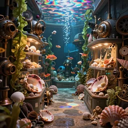 undersea shopping center built from various sea shells, sea weed, light diffraction, steampunk, cyberpunk, warm lights, anime, vhs distortion