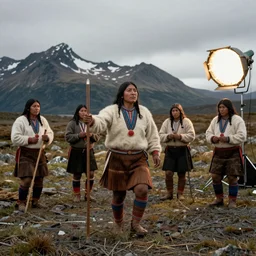 Selknam People during the Hain Ceremony in Tierra Del Fuego in 1923, unreal 5, hyper realistic, realistic, photo realistic, dynamic lighting, highly detailed, cinematic landscape, studio landscape, studio lighting
