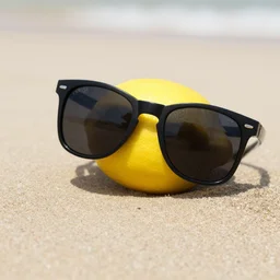 a lemon on the beach wearing sunglasses, close up, dslr photography