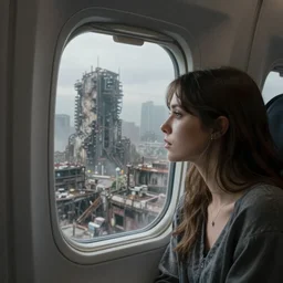 passenger looking Terrifying and Serene Post Apocalyptic City at window in airplane, Jessica Rossier, trending on artstation
