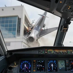 1 st person view of airliner cockpit crashing into a building