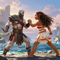 moana fighting with zeus in the style of god of war