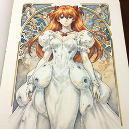a low angle copic maker art nouveau portrait of asuka langley detailed features wearing a puffy futuristic wedding dress designed by balenciaga by john berkey, norman rockwell akihiko yoshida