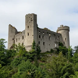 an ancient broken down castle on a hill with trees growing through it, high definition, high detail, photorealistic, 8k