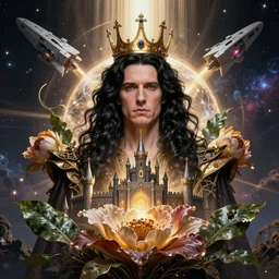 studio portrait, a man king hair black, symetric, castle space ship organic, flower, leaf, cosmic, futuristic, global illumination, radiant light, stellar background, by peter gric, peter mohrbacher