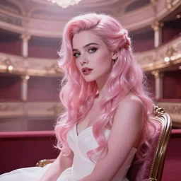 cinestill 5 0 d portrait of a beautiful dreamy woman by annie liebovitz, sitting on a chair of a dystopian baroque theater environment, detailed ambient, pale pink tonal glossy, hair intricate style, wearing white dress, elegant, highly detailed, soft foggy blur, artstation, sharp focus, head in focus,