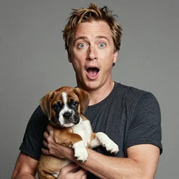 50mm photo, Owen Wilson saying wow holding a boxer puppy