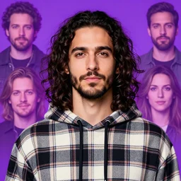 highly detailed portrait of a beautiful man with long hair no beard, tartan hoody, photographic realistic background, ringlet hair by atey ghailan, by greg rutkowski, by greg tocchini, by james gilleard, by joe fenton, by kaethe butcher, gradient purple, black, cream and white color scheme, colorful, neon colours, hd, 4 k, trending in pinterest, award winning details