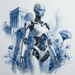 blueprint illustration of a beautiful cyborg supermodel, robotic architectural sketch, artgerm, flowers, ink stain, artstation