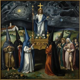 A A Holy Week procession of souls in a Spanish landscape at night by El Greco, Remedios Varo y Salvador Dali.