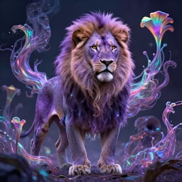 a purple speckled lion - like creature, engulfed in twisting glowing iridescent alien flora, with strange rainbow alien flowers, dramatic, award - winning photography, realism
