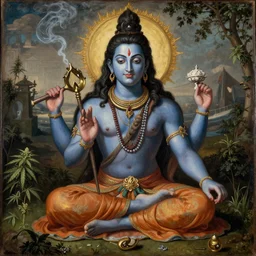 Renaissance oil painting of Lord Shiva smoking marijuana