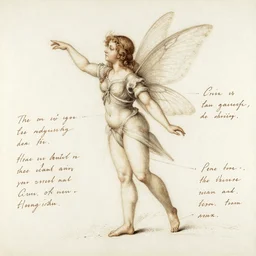 sketch, study of a single fairy, in the style of leonardo da vinci, with written notes, annotations,